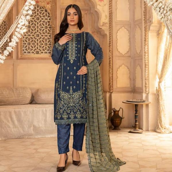 Momina's Stitched Cotton Jacquard Blue