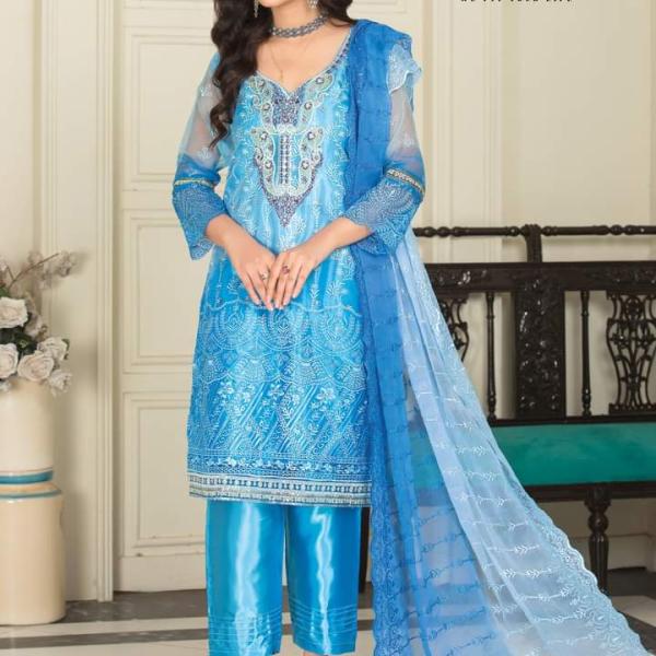 Shehnai Chicken Stitched Organza Sky Blue