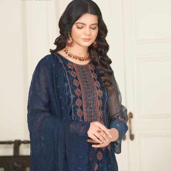 Shehnai Chicken Stitched Organza Blue