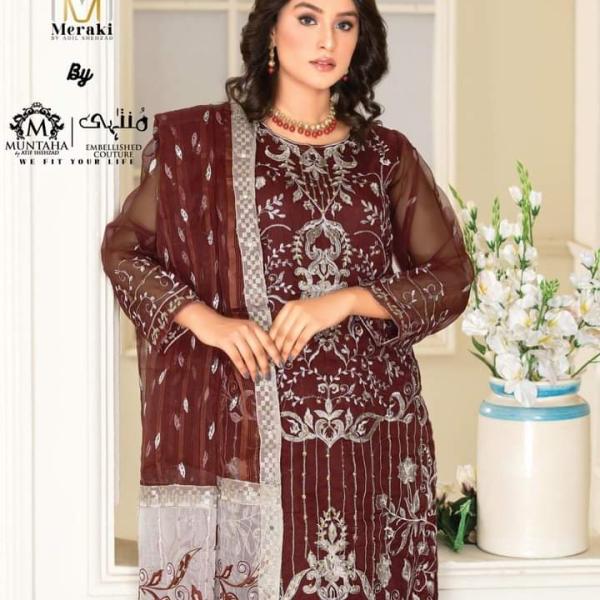 Rosalie Stitched Organza Mehroon